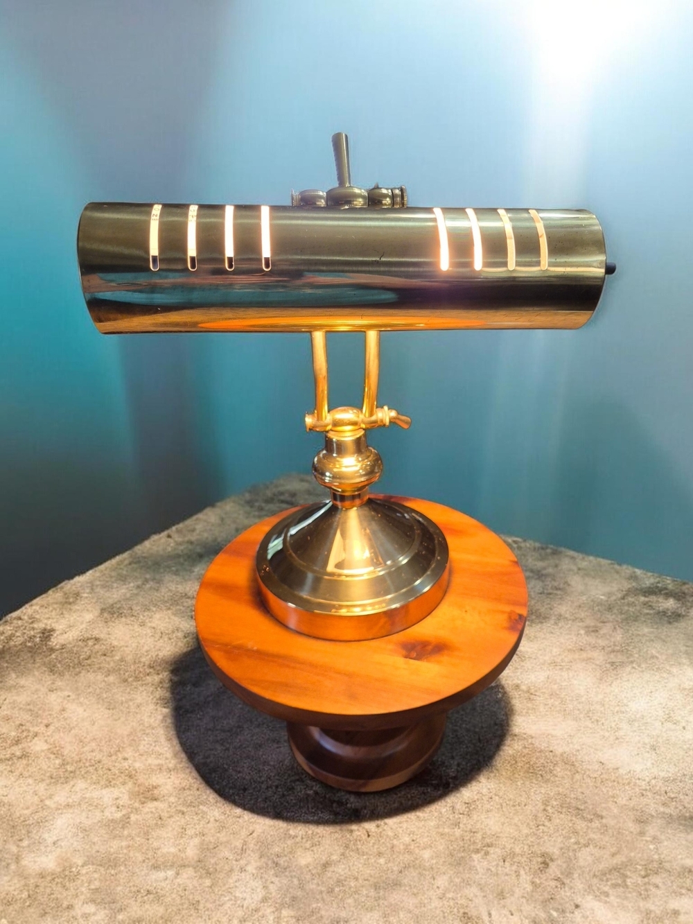 Brass Piano Lamp with Wooden Base - Gold Finish